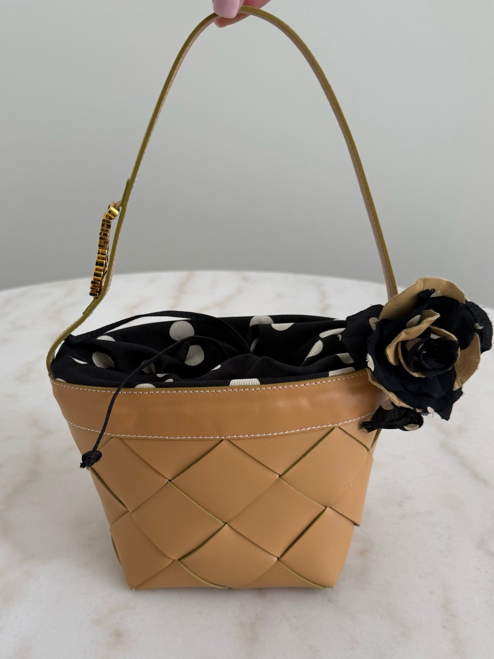 Vintage Moschino Woven Leather Bucket Bag with Polka Dot & Rose Details